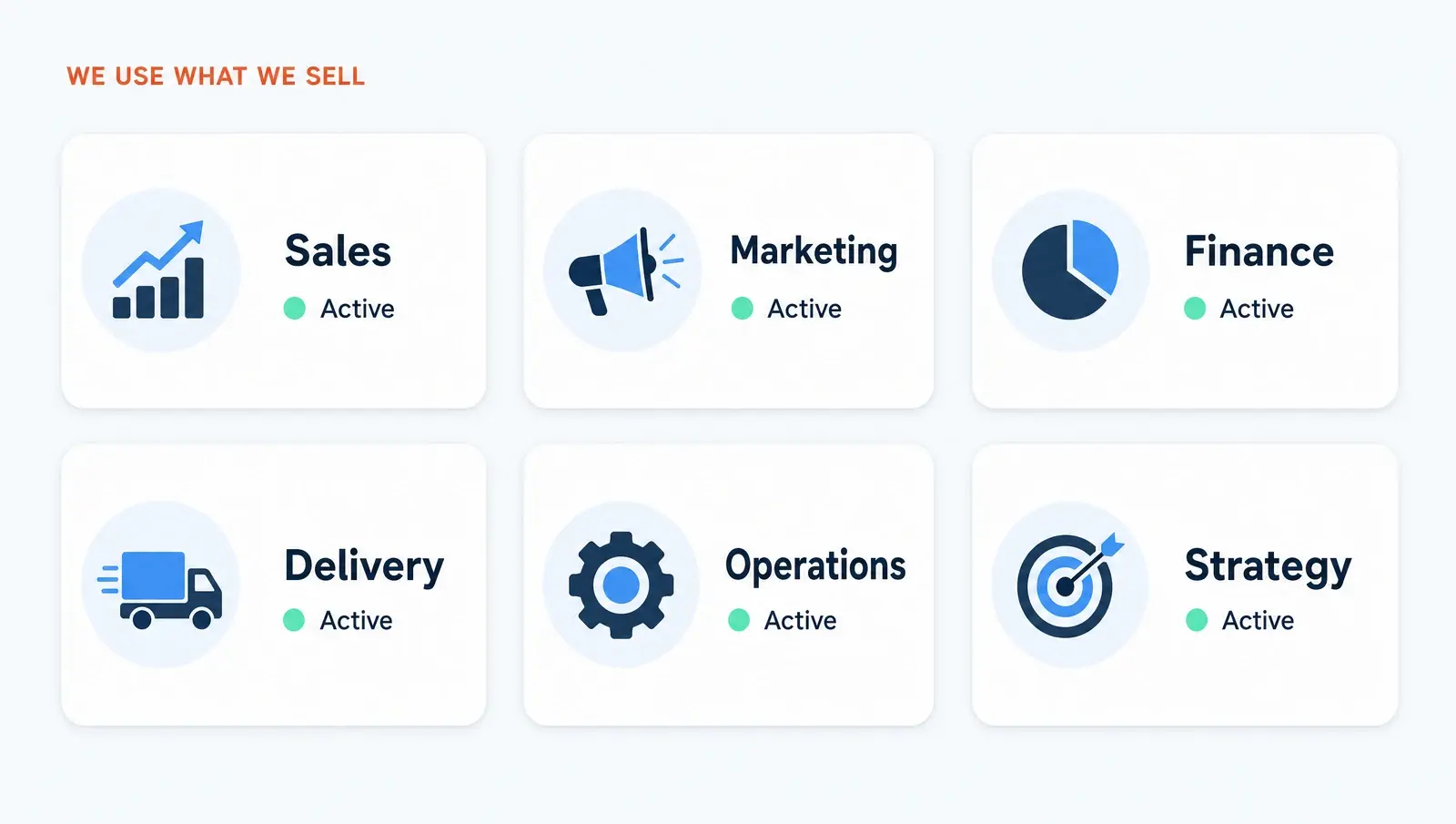 Six function cards, each marked Active: Sales, Marketing, Finance, Delivery, Operations and Strategy, showing Softblues runs its own work on AI agents.